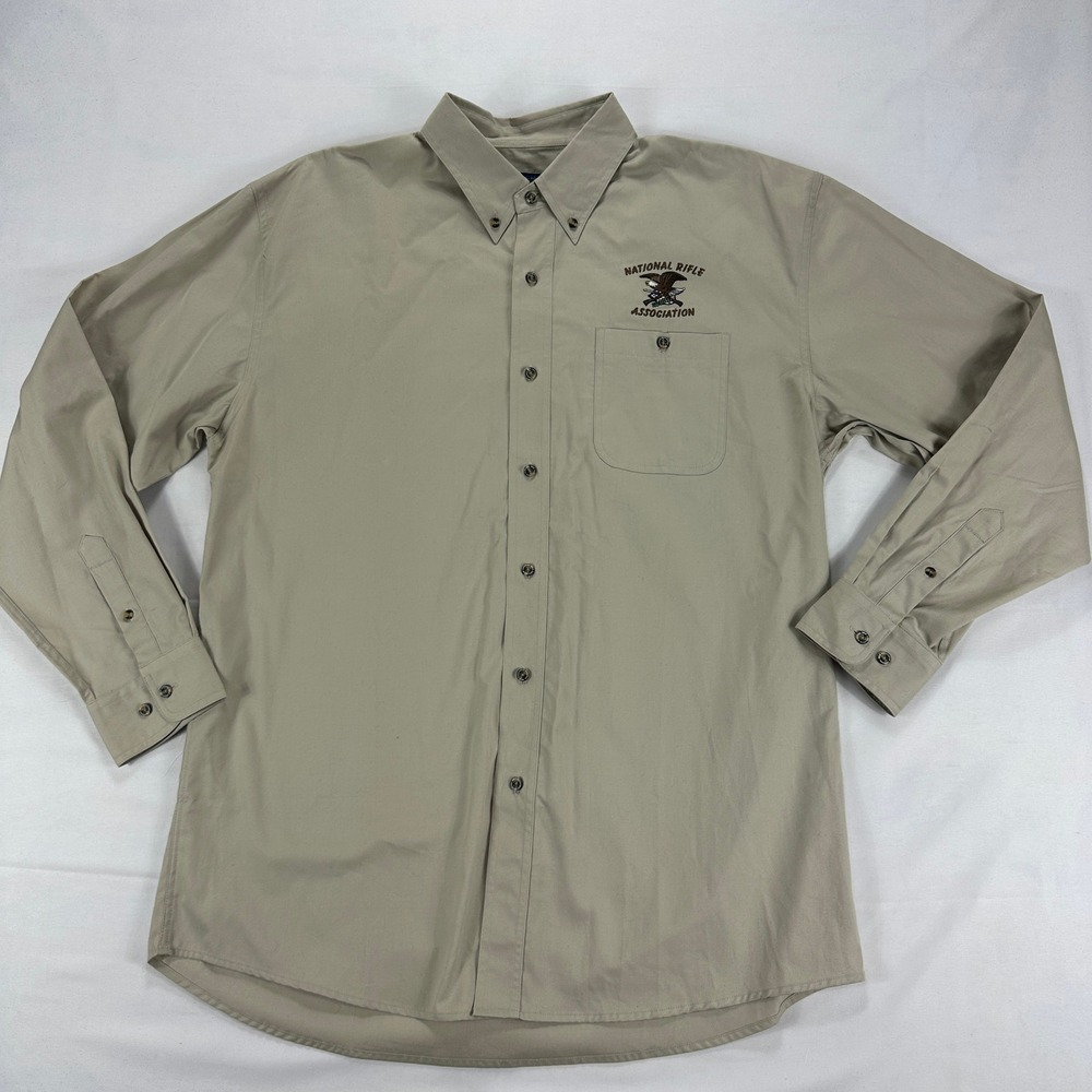 NRA National Rifle Association Button Down Shirt Mens L Tan Long Sleeve Logo‎